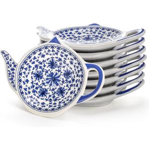 Elsjoy Set of 8 Teapot Shaped Teabag Holders for Used Tea Bag, Ceramic Tea Bag Coaster Porcelain Floral Tea Bag Dish Saucer, Vintage Teaspoon Rest for Tea Party