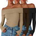 3 Pack Women's Off The Shoulder Sweaters Long Sleeve Ribbed Knit Top Slim Fit Fall Shirt Going Out Pullover Sweater XXL