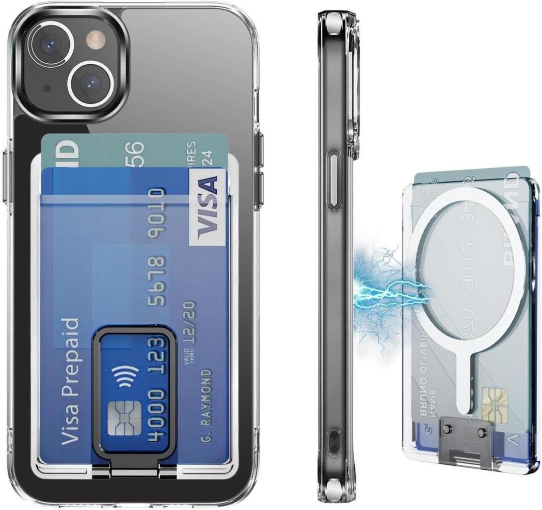 Magnetic for iPhone 14 Case, iPhone 13 Case and Card Holder with Stand, (Compatible with MagSafe) Shockproof Military-Grade Protection, Wallet Phone Case for iPhone 14/13 (6.1 inch), Clear