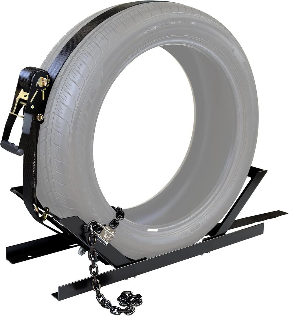 JY PERFORMANCE Semi-Truck Spare Tire Rack, Adjustable Tire Carrier, Ratchet Strap Chain, Black, DAC927