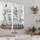 MESHELLY Farmhouse Kitchen Curtains 27.5Wx39H Inch Rod Pocket Rustic Eucalyptus Decor Retro Green Leaf Flower Butterfly Vintage Wood Barn Door Small Bedroom Living Room Window Drapes Fabric 2 Panel (A3-blue)