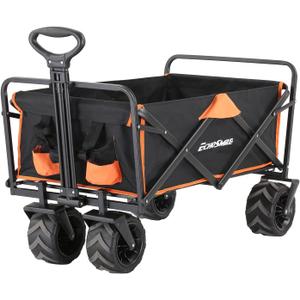 EchoSmile Heavy Duty 350 Lbs Capacity Collapsible Wagon, Outdoor Folding Camping Grocery Portable Utility Cart, Adjustable Rolling Carts, All Terrain Sports Wagon with Big Wheels (BlackOrange)
