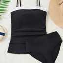 Aqua Eve Bandeau Swimsuits for Women Two Piece Bathing Suits Ruched Tummy Control Tankini Sets Strapless Swimwear (Black) XL