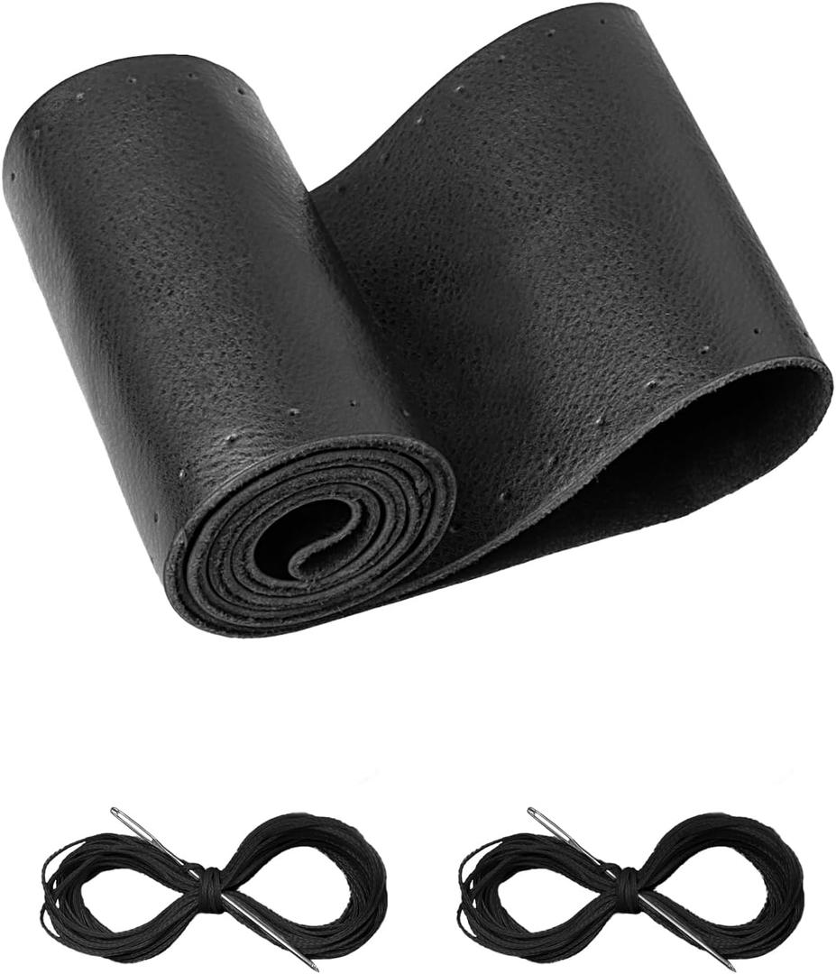 Belinous Leather Steering Wheel Cover Lace Up, Stitch On Wrap, Universal Fit 13-20 inch Car Truck SUV Pickup Boat, A Whole Piece of Cowhide, DIY Stitch w/Needle Thread (Size M4, Black)