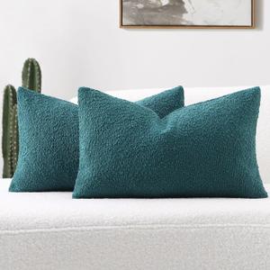 FUTEI Pack of 2 Teal Green Decorative Throw Pillow Covers 12x20 Inch Soft Cozy Solid Boucle Textured Lumbar Pillow Cases,Modern Home Decor for Couch Bed Living Room