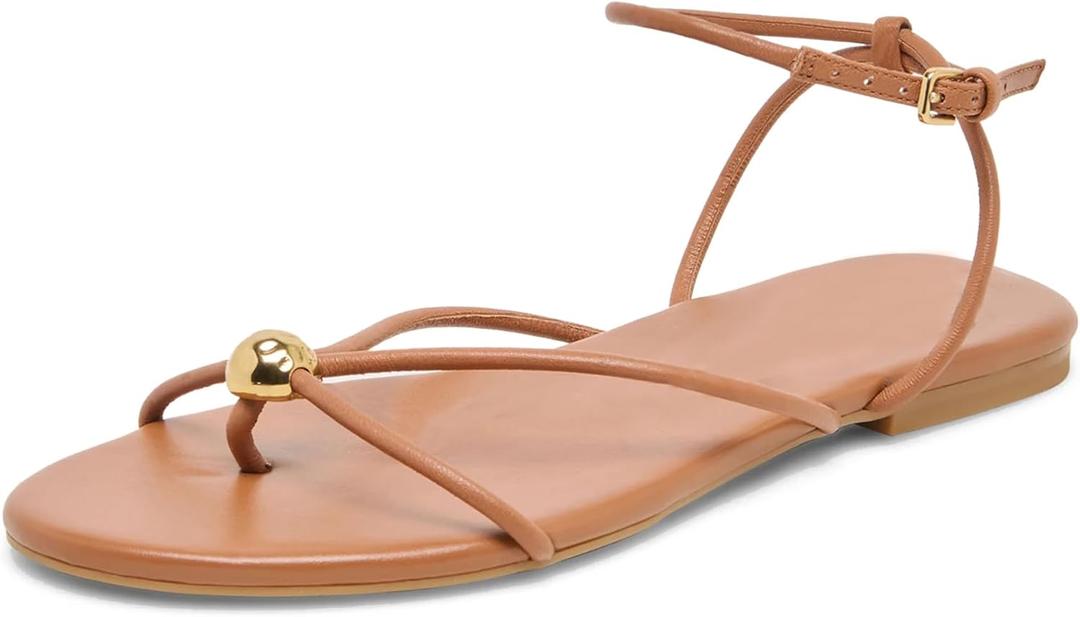 Riekhany Strappy Flat Sandals for Women Summer Round Toe Metal Bead Flip Flop Sildes with Ankle Buckle Strap Beach Flats Shoes (Brown)