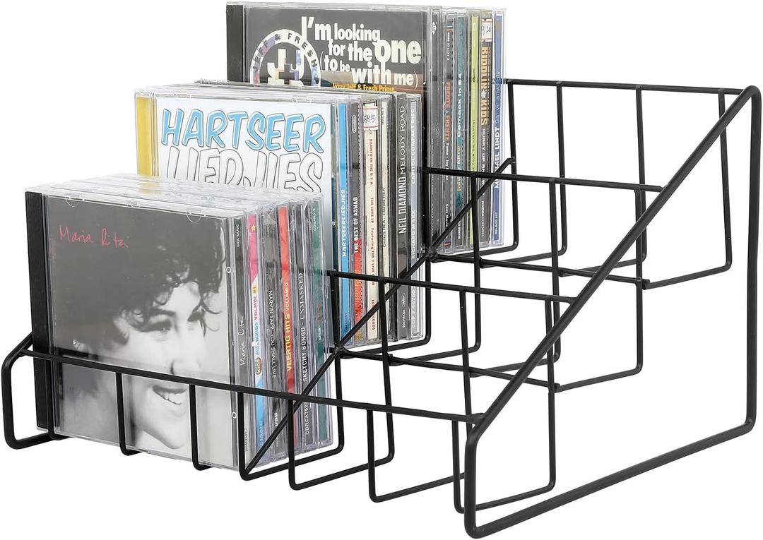 MyGift CD Display Stand, CD Rack Tower, 3-Tier DVD Stand Holder, Tabletop Compact Disc Jewel Case Storage, Step Tier Office Media Organizer, Modern Matte Black Metal Wire