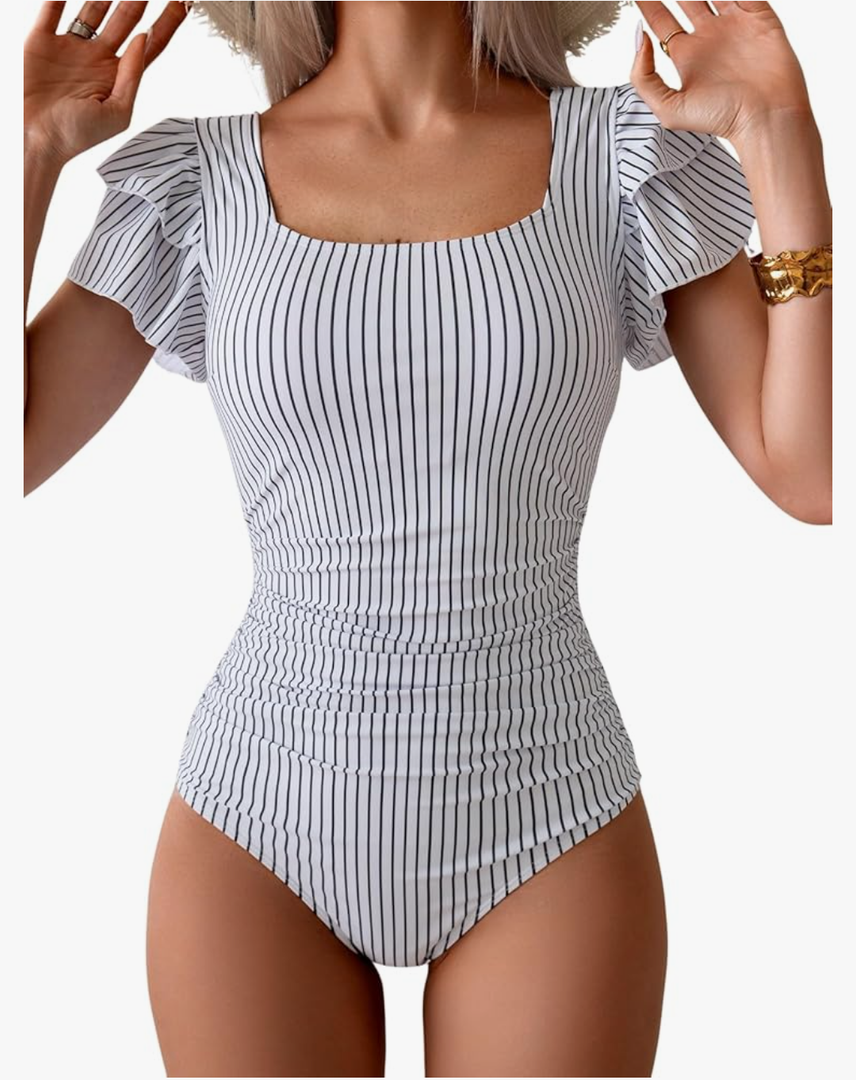 Eomenie Women's Tummy Control One Piece Swimsuit Ruffle Square Neck Bathing Suit Ruched Cutout Back Slimming Swimwear, Small