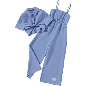 OYOANGLE Girl's 2 Piece Outfits Textured Long Pants Jumpsuit and Short Sleeve Button Down Shirt Set Blue 11-12Y
