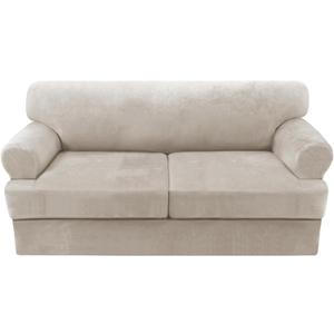 H.VERSAILTEX Sofa Cover 3 Piece T Cushion Sofa Slipcovers Thick Velvet Couch Cover Stretch T Cushion Sofa Covers for 2 Cushion Couch with 2 Individual T Cushion Covers Washable, Oatmeal
