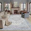 8x10 Blue Washable Area Rug for Living Room Bedroom Vintage Floral Distressed Non Slip Low Pile Rug Lightweight Traditional Carpet Dining Room Office Classroom Playroom Indoor