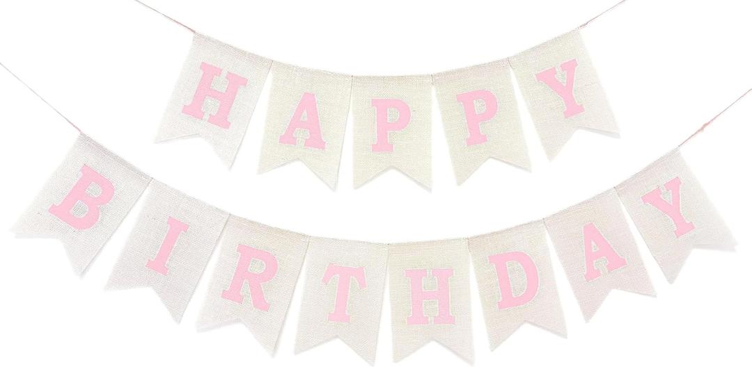 Pink Happy Birthday Banner Sign, Burlap Pink Happy Birthday Party Decorations for Girls Women