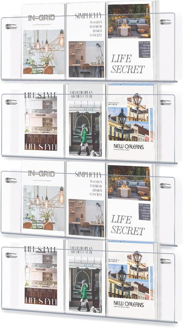 4 Pack 21" Clear Acrylic Magazine Holder Wall Mount Hanging Bookshelf Magazine Rack Brochure Holder for Waiting Room, Living Room, Office, Home Display