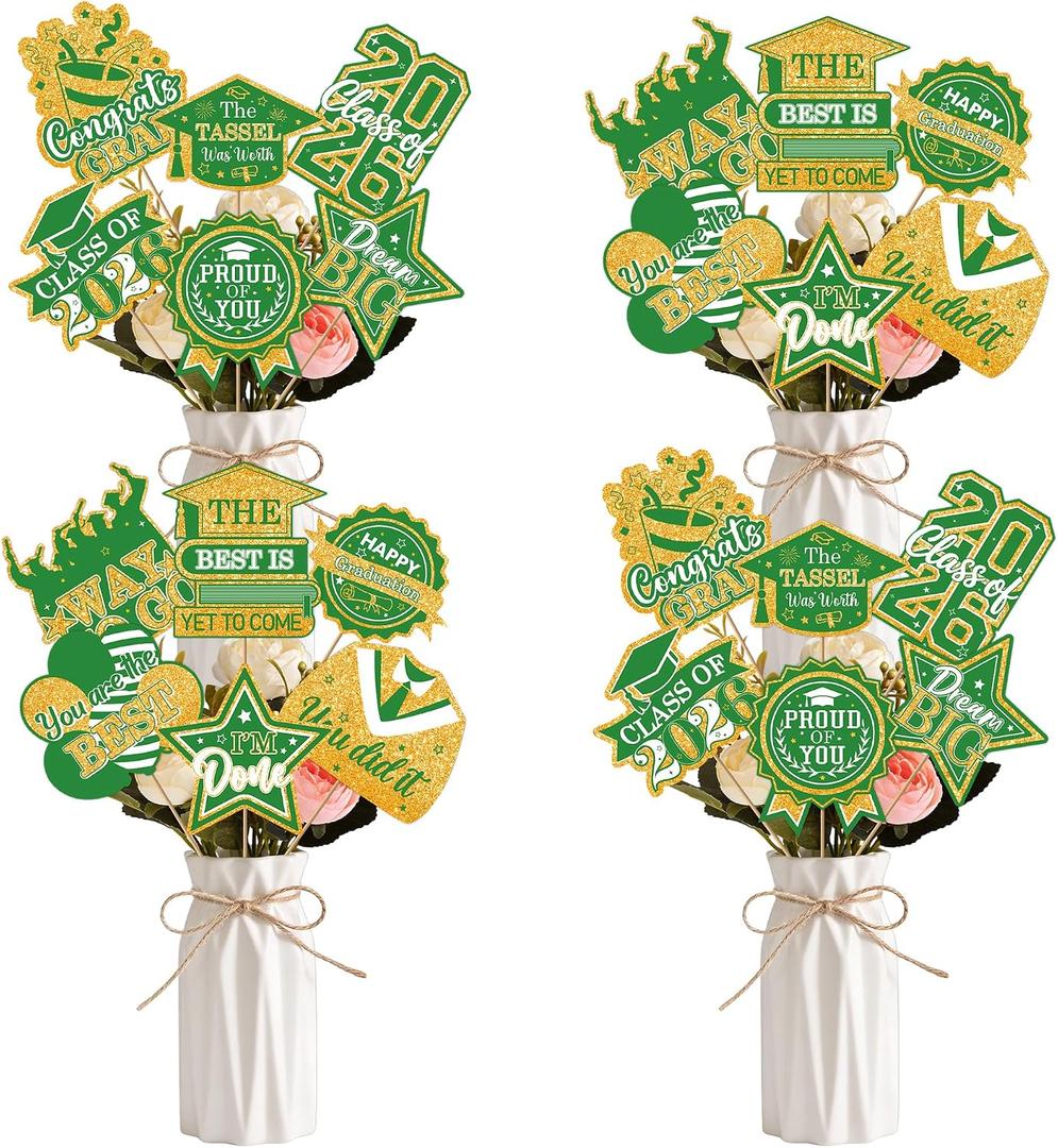 2026 Graduation Decorations with Sticks, 24 Pcs Green Gold Class of 2026 Graduation Centerpieces for Tables, Congrats Grad Table Toppers for Graduation Party Supplies