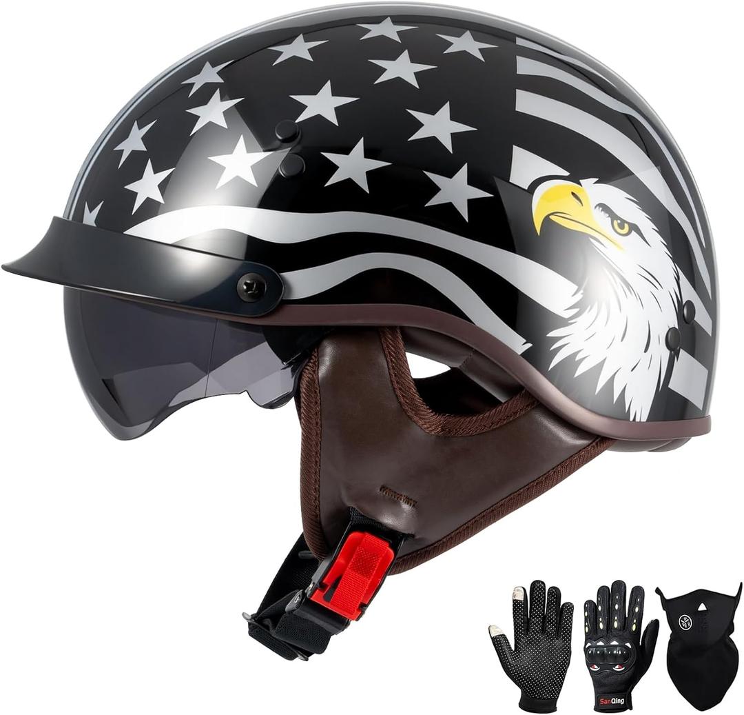 DOT Approved Motorcycle Half Helmet for Adults, Lightweight Retro Open Face Half Shell Helmet for Cruiser Scooter Chopper Moped Street Bike, Men Women Universal Casco (Black, XL)