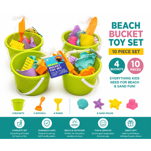 Beach Bucket Toy Set 9 Piece 1 Bucket 2 Shovels 1 Rake 5 Sand Molds
