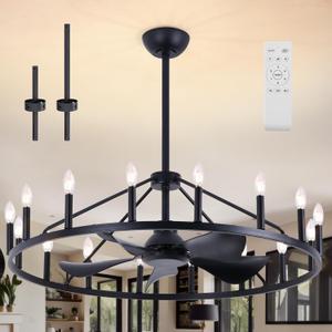 Farmhouse Chandelier Ceiling Fan with Light and Remote, 16-Lights Large Wagon Wheel Fandelier with Candle for Living Room,Rustic Black Fan with Big Light Fixture for Loft, 44 inch/16-lights