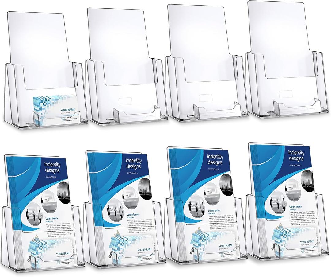 8 Pack 6x9 Acrylic Brochure Holder with Business Card Organizer, Clear Brochure Display Stand, Plastic Flyer Display Stand Holder for Business Card, Pamphlet, Booklets, Magazine, Journals