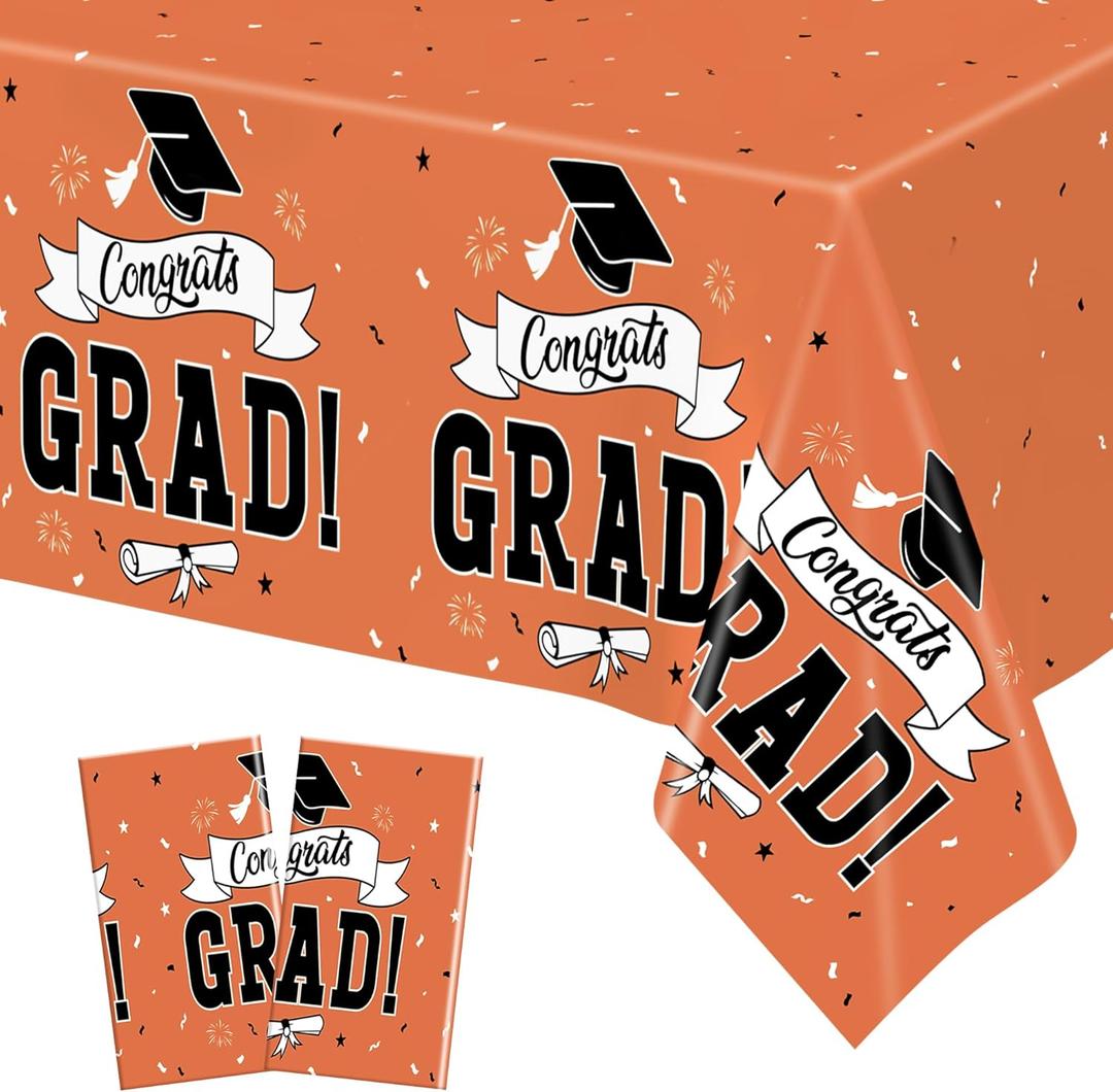2 x 2Pcs 2026 Graduation Table cloths, 108" X 54" Orange Grad Party Decorations, Disposable Plastic Tablecover for Grad Decor Party Supplies, Rectangle Table Covers for Class 2026 Congrats Grad for kids