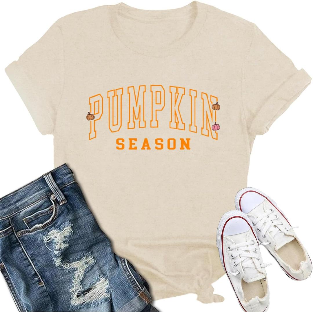 Pumpkin Shirts for Women Fall Season T-Shirt Halloween Thanksgiving Autumn Crewneck Tee (Beige, S)