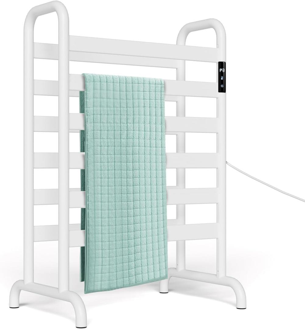 Towel Warmer Rack, Heated Towel Racks for Bathroom, with Timer and Temperature Adjustment, Overheat Protection Function, 12 Heating Rods, Large Free-Standing Suitable for Bathroom, Bedroom (White)