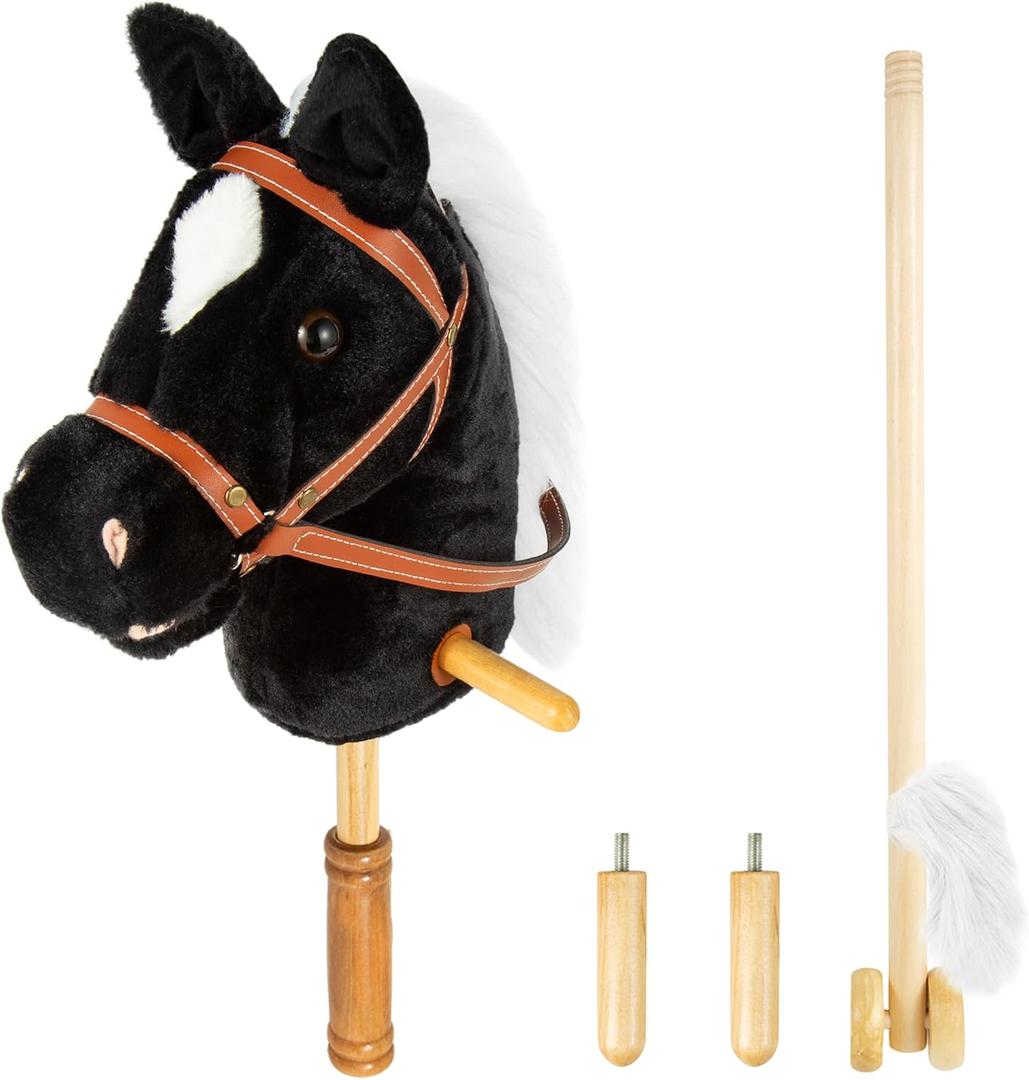 Stick Hobby Horse Riding Toy, Plush Horse for Toddlers Ages 3+, Ride On Toy Fun Pretend Play with Wooden Wheels and Real Pony Clip-Clop Sounds - Black, 39 Inches