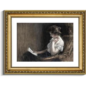 VIYYIEA Gold Framed Wall Art Canvas Print Home Decor Portrait Art Woman Sitting Reading Vintage Art Room Aesthetic Mid Century Lady Elegant Print Farmhouse Oil Painting Wall Decor for Bedroom 11x14in