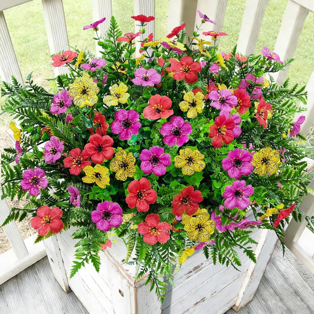 Artificial Flowers for Outdoors Decoration, 16 Bundles Silk Fake Flower with Ferns UV Resistant No Fade Faux Plants for Home Outside Planter Porch Patio Window Box Decor (3 Mixcolor)