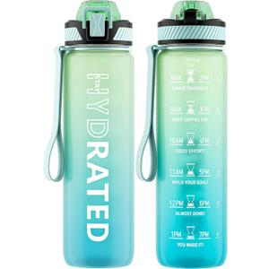 Water Bottle with Straw, 32oz Motivational Water Bottles with Time Marker to Drink, Tritan BPA Free, 1L Sports Water Bottle with Carry Strap LeakProof for Women Gym Fitness Outdoor (1 Pack) (Green Mint)