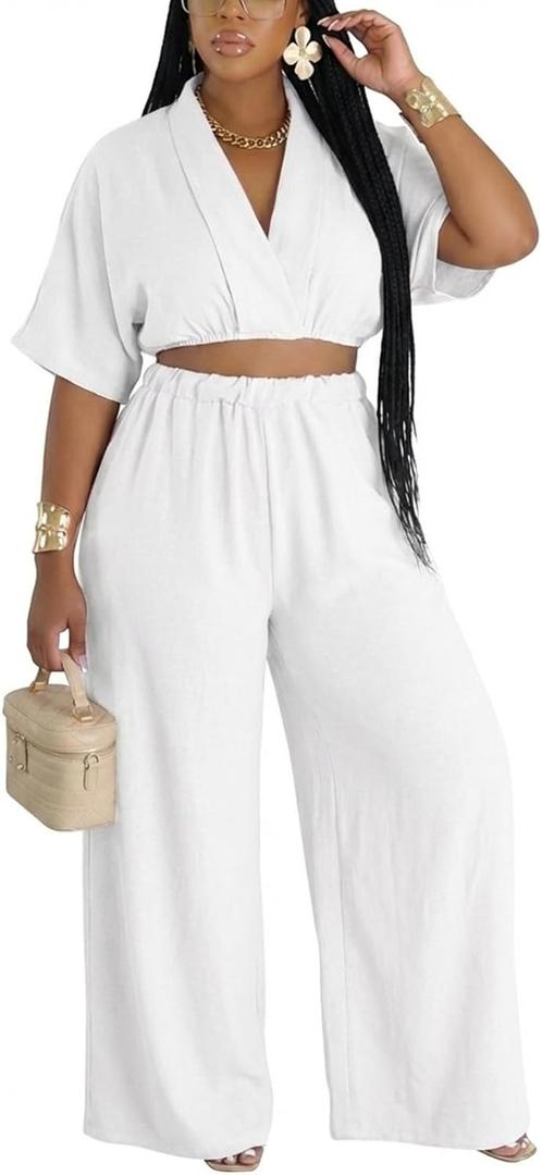 Choichic 2 Piece Sets for Women Summer Batwing Sleeve Crop Top and Wide Leg Pants Set Jumpsuits Beach Vacation Outfits (White, XXL)