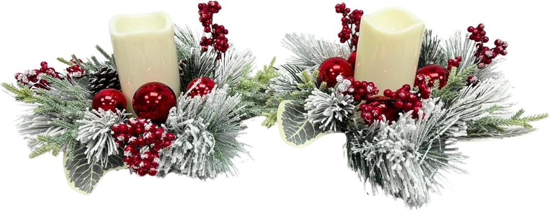 Christmas Candle Rings Wreaths(2 Pcs) Snow Flocked Candle Rings Pine Branches, Red Berries, Pinecones Pillars Candle Rings Christmas Table Centerpiece for Front Door Window Wall Decor