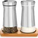 Salt and Pepper Shakers set with Adjustable Pour Holes - Elegant Stainless Steel Spice Dispenser - Perfect for Himalayan, Table Salt, White and Black Pepper (Salt & Pepper Shakers Set + Bamboo Stand)