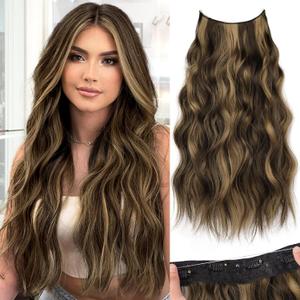 KooKaStyle Invisible Wire Hair Extensions with Transparent Headband Adjustable Size 4 Secure Clips Long Wavy Highlight Synthetic Hairpieces 20 Inch Balayage Chocolate Brown to Caramel Blonde for Women