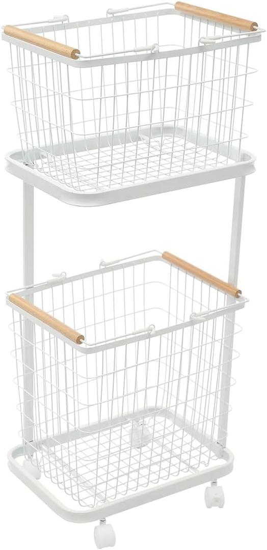 Large Laundry Baskets, Dirty Clothes Hamper with Wheels,Rolling Wire Laundry Basket Organize,2 Removable Wire Storage Metal Clothes Hamper Organizer for Laund Room, Bathroom, Bedroom, Dorm, White