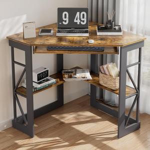 VECELO Corner Desk Computer Desk Writing Table with Smooth Keyboard Tray & Storage Shelves,Compact Home Office Triangle Table,Antique Brown, 28" x 41" x 30"