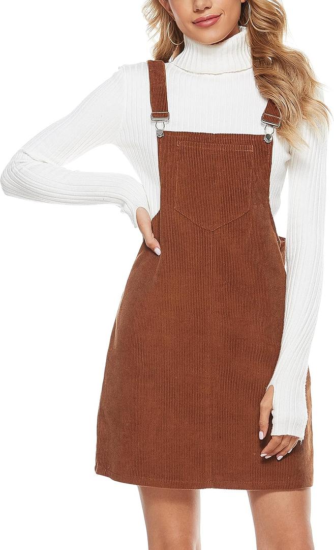 Yeokou Womens Casual Corduroy Bib Knee Length Overalls Pinafore Midi Dress Jumpsuit (X-Large, Brown)