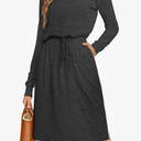 Women Knit Work Casual Pocket Knee Length Travel Dress 2025 Spring Fall Winter Long Sleeve Hide Belly Midi Outfits, Size M