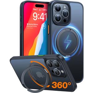 TORRAS Upgraded 360 Rotatable Magnetic Ring for iPhone 15 Pro Max Case, Fit for MagSafe with Stand Ring Holder, 16FT Mil-Grade Shockproof Translucent for iPhone 15 Pro Max Phone Case Ostand, Black