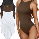OQQ Women's 3 Piece Bodysuits Sexy Ribbed One Piece Sleeveless Halter Neck Tops Leotard Summer Trendy, Medium