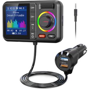 Nulaxy Bluetooth FM Transmitter for Car, Wireless Car Bluetooth V5.0 Adapter with Big Color Screen, Support QC3.0 Fast Charging, Hands-Free Call, MP3 Music Player BASS&TRE Booster, TF Card AUX-KM28 (Black)