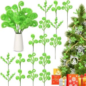 8 Pcs Lime Green Furry Picks for Christmas Tree 15'' Christmas Curly Tree Sticks Green Christmass Trees Topper Decorations Xmas Trees Fillers Branches Ornaments Stems for Holiday Xmas Decor