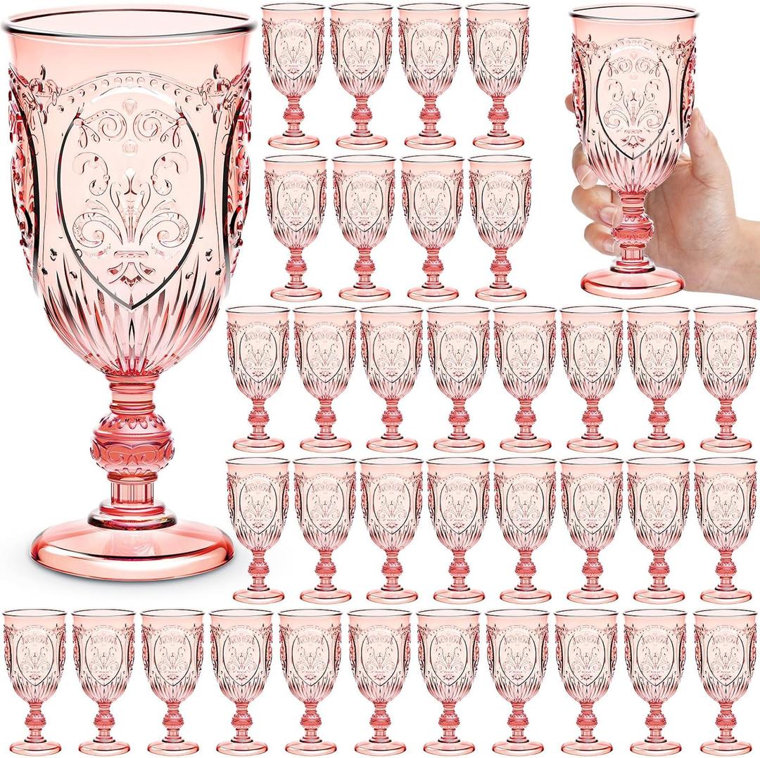 Wiwiqing 36 Pack Plastic Goblets 10oz Upgrade Vintage Water Goblet Plastic Wine Glasses Colored Retro Embossed Glassware for Party Wine Bar Juice Baby Shower Wedding Reception Grand (Pink), 2.8 inch/8 cm
