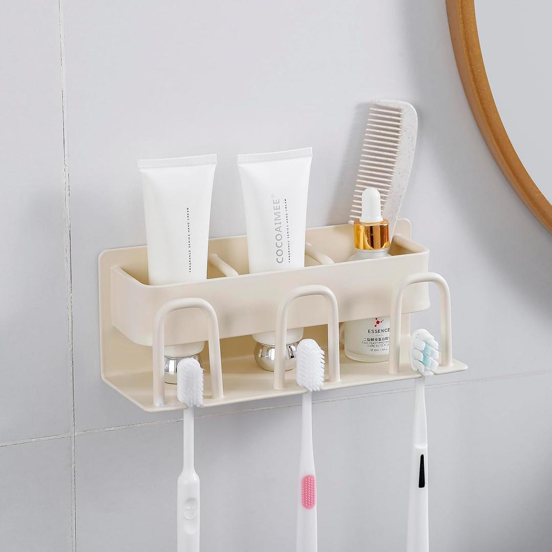 Bathroom Toothbrush Holders, Drill-Free Toothbrush Holder Wall Mounted- Toothbrush & Cup Holder, Tooth Brushing Holder and Bathroom Accessories (Three Holes)