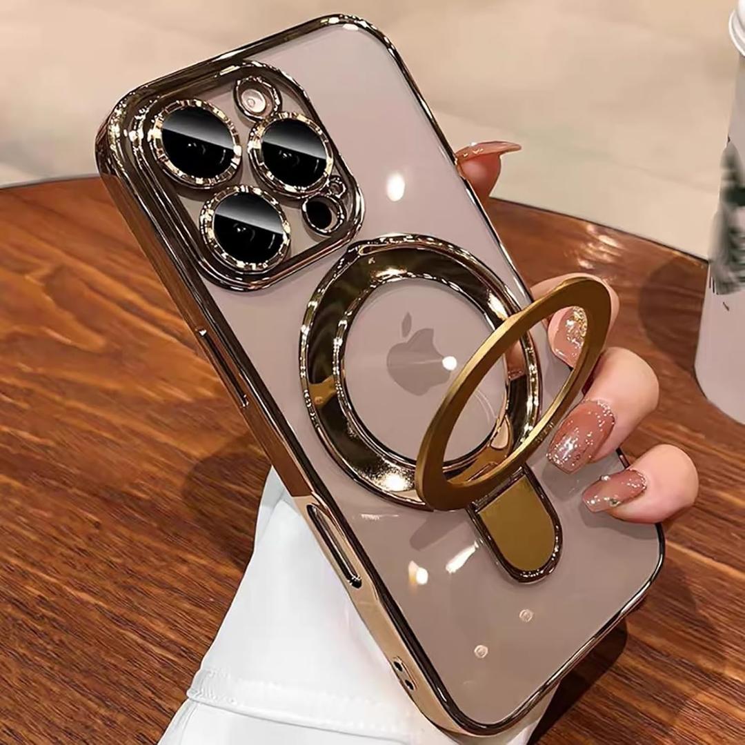 Case for iPhone 14 with Magnetic Stand [Compatible with MagSafe] [Full Camera Lens Protector] Luxury Plating Shockproof Clear Phone Case for iPhone 14 6.1", Titanium Gold
