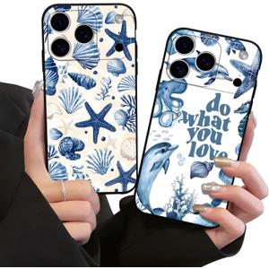 2 Pack Cute Ocean Phone Case for iPhone 17 Pro,Kawaii Shell Dolphin Starfish Cases Summer Beach Aesthetic Cover,Black Soft TPU Protective Funda for Girls Women for iPhone 17 Pro 6.3 Inch