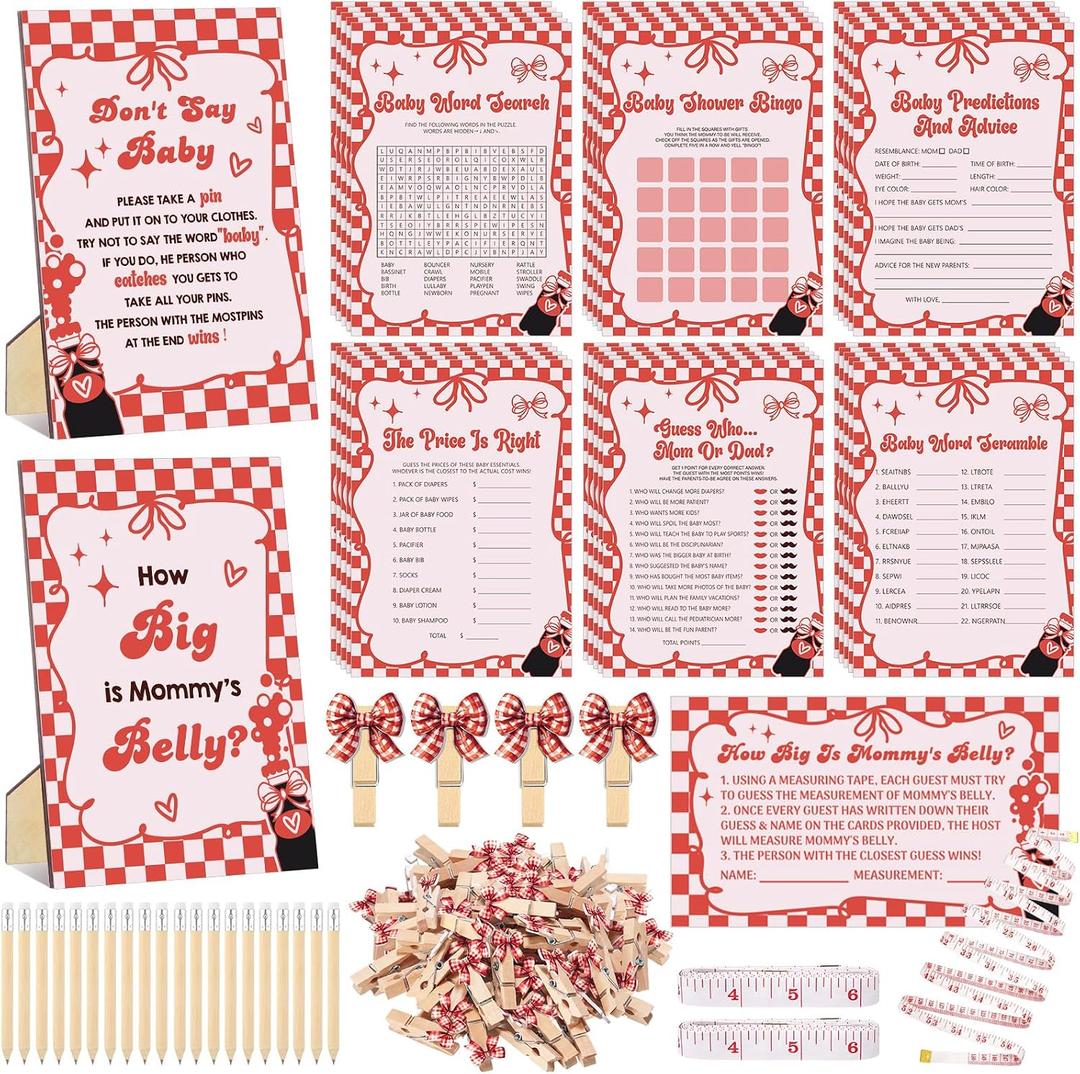 Sabary 428 Pcs She's Ready to Pop Baby Shower Games Set-8 Games Includes Baby Shower Bingo Price Is Right Guess Who Word Scramble Prediction and Advice How Big Is Mommy's Belly Don't Say the Words