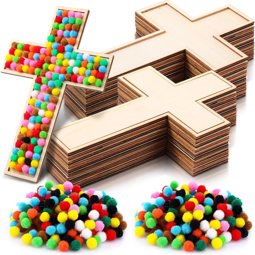 Blueweenly 12 Set 9 Inch DIY Wooden Crosses Crafts Kits for Christian Sunday School with 200 Plush Ball Accessories, Layered Cross Framed Cross for DIY Crafts Valentine Easter