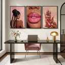 Large Framed Pink African American Black Girl Canvas Wall Art, 3 Piece, 24"W x 36"H x 3 Pieces