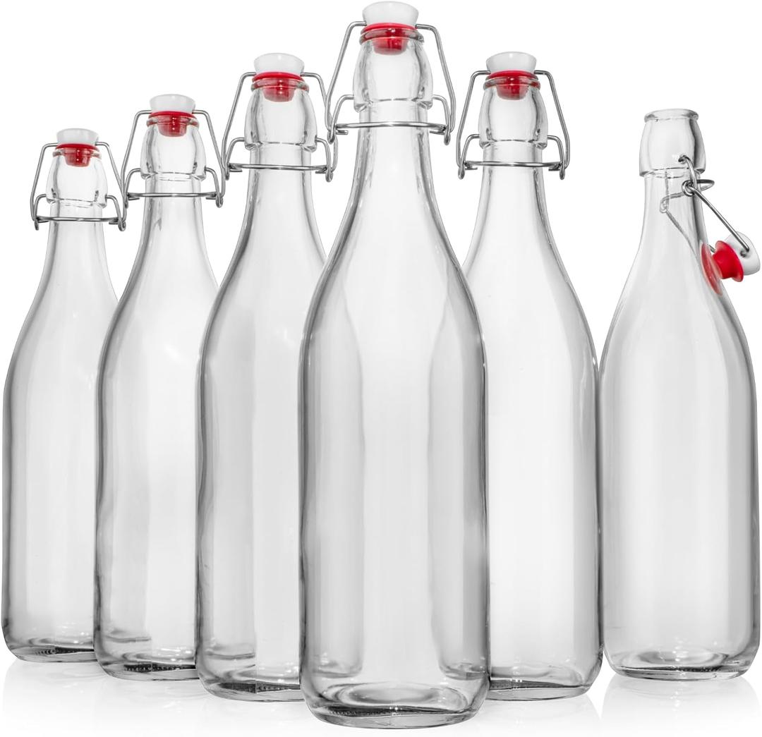 Swing Top Glass Bottles [1 Liter / 33 fl. oz.] [Pack of 6] Flip Top Coquito Bottles for Kombucha, Fermentation, Beer, Kefir, Airtight Stopper Lids with Extra Gaskets, Funnel, Labels & More