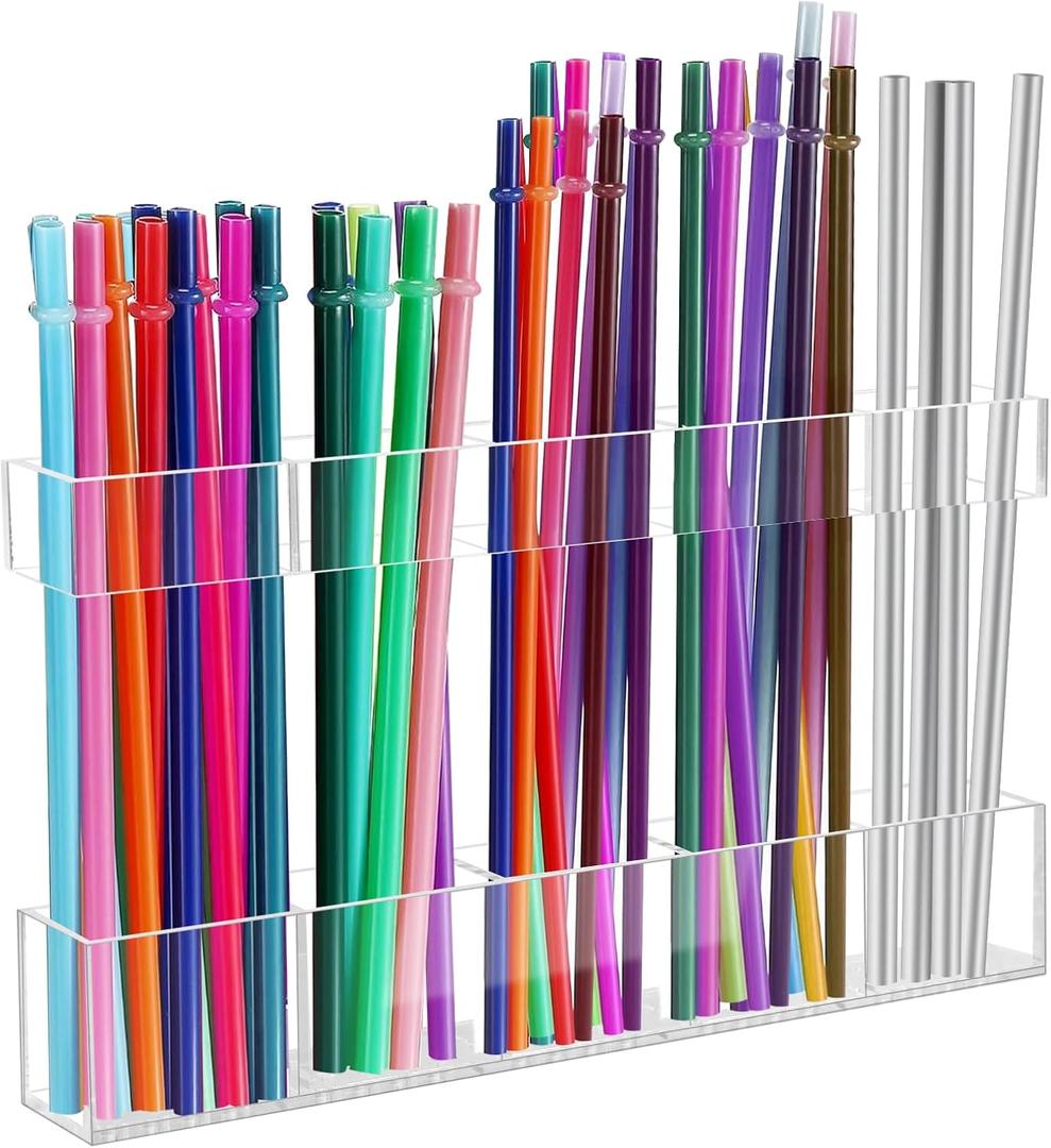 9.5 Large Acrylic Straw Holder for Cabinet Door - Reusable Tumbler Straw Organizer Storage, Small Kitchen Accessories Container, Ultra Sticky Cupboard Door Mounted (Transparent)